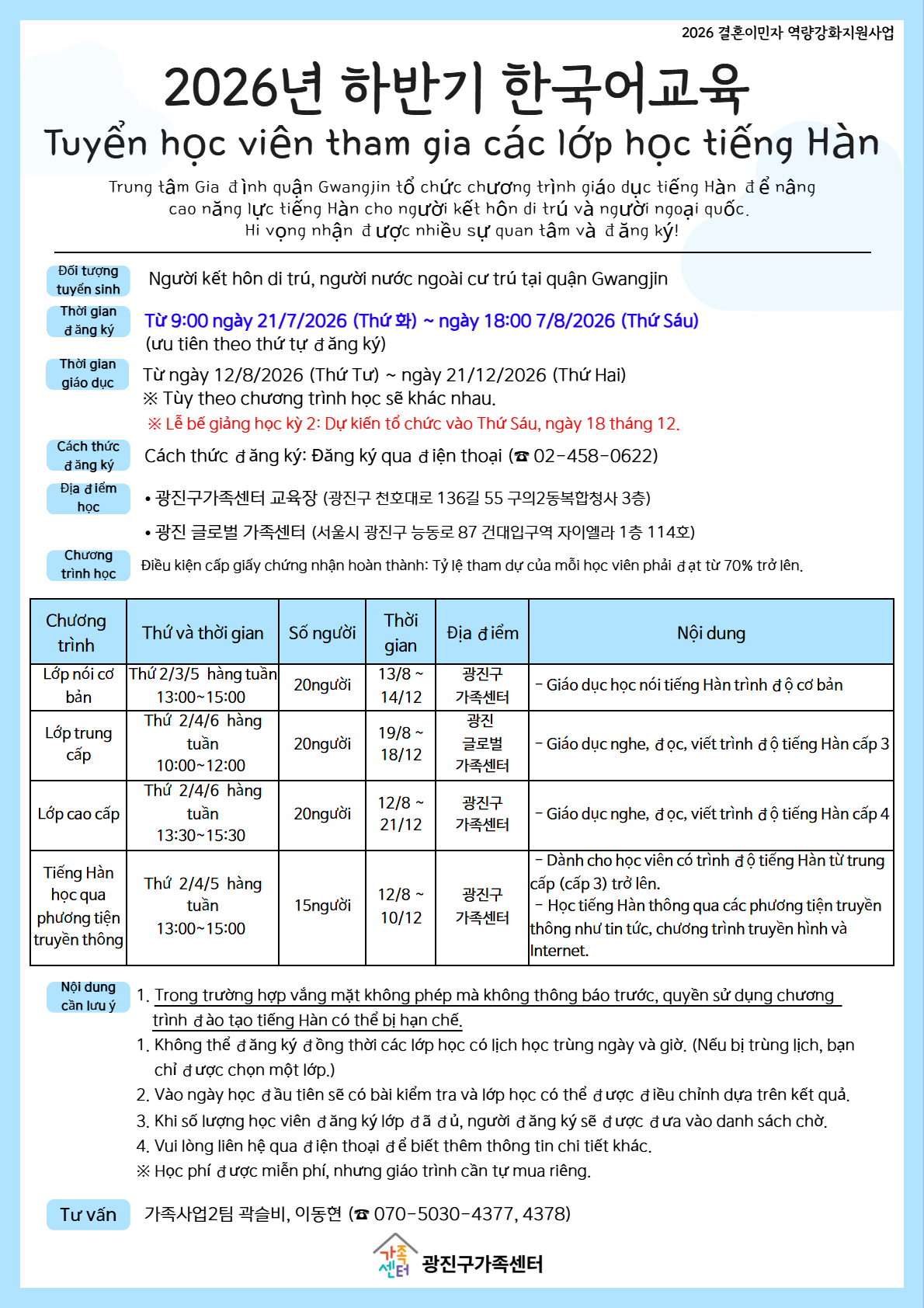 안녕하세요~ 광진구가족센터입니다! 2026년 하반기 한국어교육 참여자를 모집합니다. 안내문 속 단계 및 시간표 확인 바랍니다. 본 한국어 수업은 전체 대면 수업으로 진행됩니다. 수업은 무료로 진행되나, 교재는 개별적으로 구입하셔야 합니다. - 모집대상 : 결혼이민자 및 성인 외국인, 중도입국자녀, 외국인가족 자녀 등 - 수업 일시 : 신청 단계별 상이 *안내문 시간표 참고 - 수업 장소 : 광진구가족센터(서울 광진구 천호대로 136길 55, 구의2동 복합청사 3층) 또는 광진 글로벌 가족센터(서울 광진구 능동로87, 건대입구역자이엘라 1층) ★신청방법 : 전화접수(☎02-458-0622) - 신청기간 : 2026년 7월 21일(화) 9:00 ~ 8월 7일(금) 18:00 마감 *선착순 접수로 조기마감 될 수 있습니다* ※문의 : ☎02-458-0622