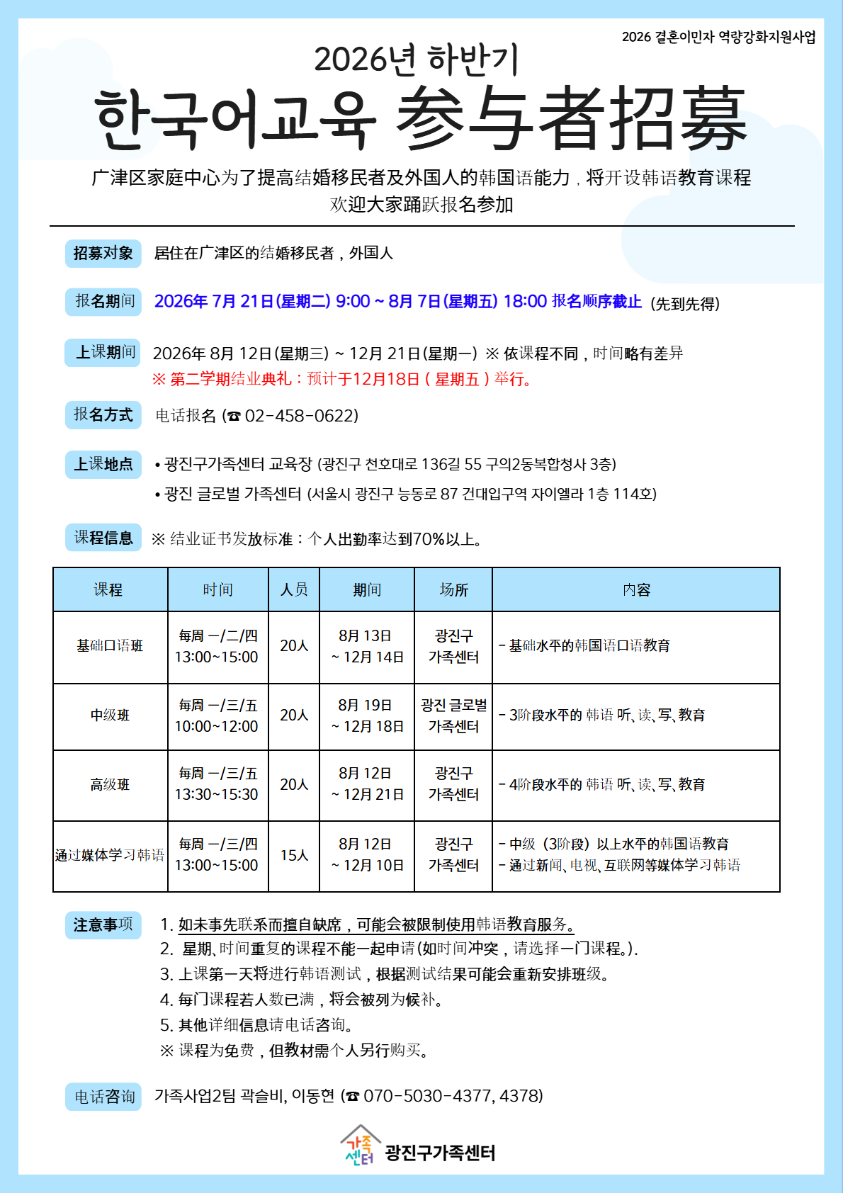 안녕하세요~ 광진구가족센터입니다! 2026년 하반기 한국어교육 참여자를 모집합니다. 안내문 속 단계 및 시간표 확인 바랍니다. 본 한국어 수업은 전체 대면 수업으로 진행됩니다. 수업은 무료로 진행되나, 교재는 개별적으로 구입하셔야 합니다. - 모집대상 : 결혼이민자 및 성인 외국인, 중도입국자녀, 외국인가족 자녀 등 - 수업 일시 : 신청 단계별 상이 *안내문 시간표 참고 - 수업 장소 : 광진구가족센터(서울 광진구 천호대로 136길 55, 구의2동 복합청사 3층) 또는 광진 글로벌 가족센터(서울 광진구 능동로87, 건대입구역자이엘라 1층) ★신청방법 : 전화접수(☎02-458-0622) - 신청기간 : 2026년 7월 21일(화) 9:00 ~ 8월 7일(금) 18:00 마감 *선착순 접수로 조기마감 될 수 있습니다* ※문의 : ☎02-458-0622